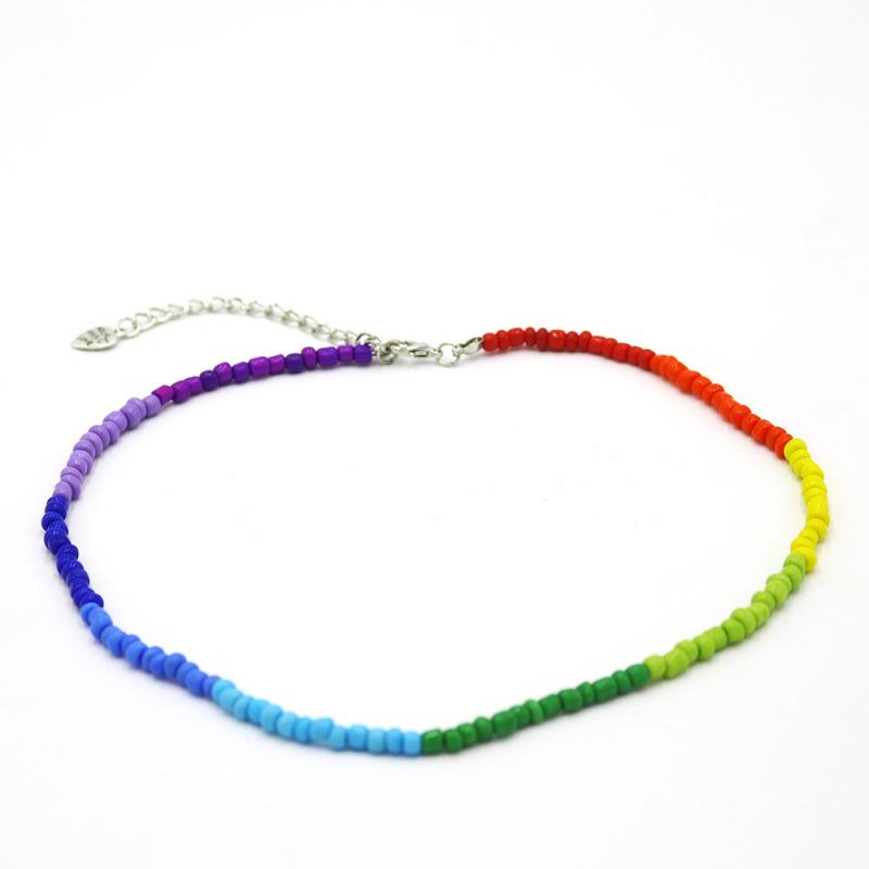 2022 European & American Rainbow Rice Bead Pendant Necklace: Summer Handmade Pure Color with Short Snake Bone Design