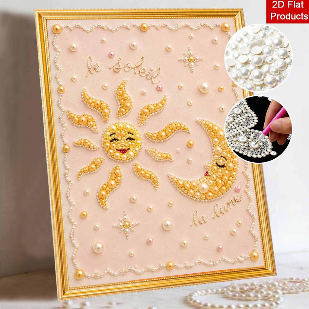 Unique 5D Framed Pearl Painting Kit with Sun and Moon Pattern Sparkling Bead Art Canvas DIY Handmade Craft for Living Room Decor