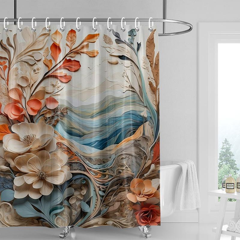 Multicolor Mountain Shower Curtain-Blue Beige Peak, Cloudy Gray Sky, Pine Silhouette, Waterproof Natural Bathroom Decoration