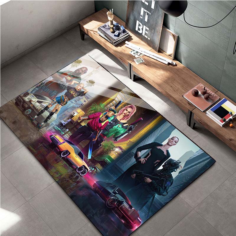 15 Velikostí Cyberpunk-2O77 Hra Oblastní Koberec, Koberec do Obývacího Pokoje Ložnice Pohovka Rohožka Domácí Dekorace, Dětská Protiskluzová Podložka na Podlahu
