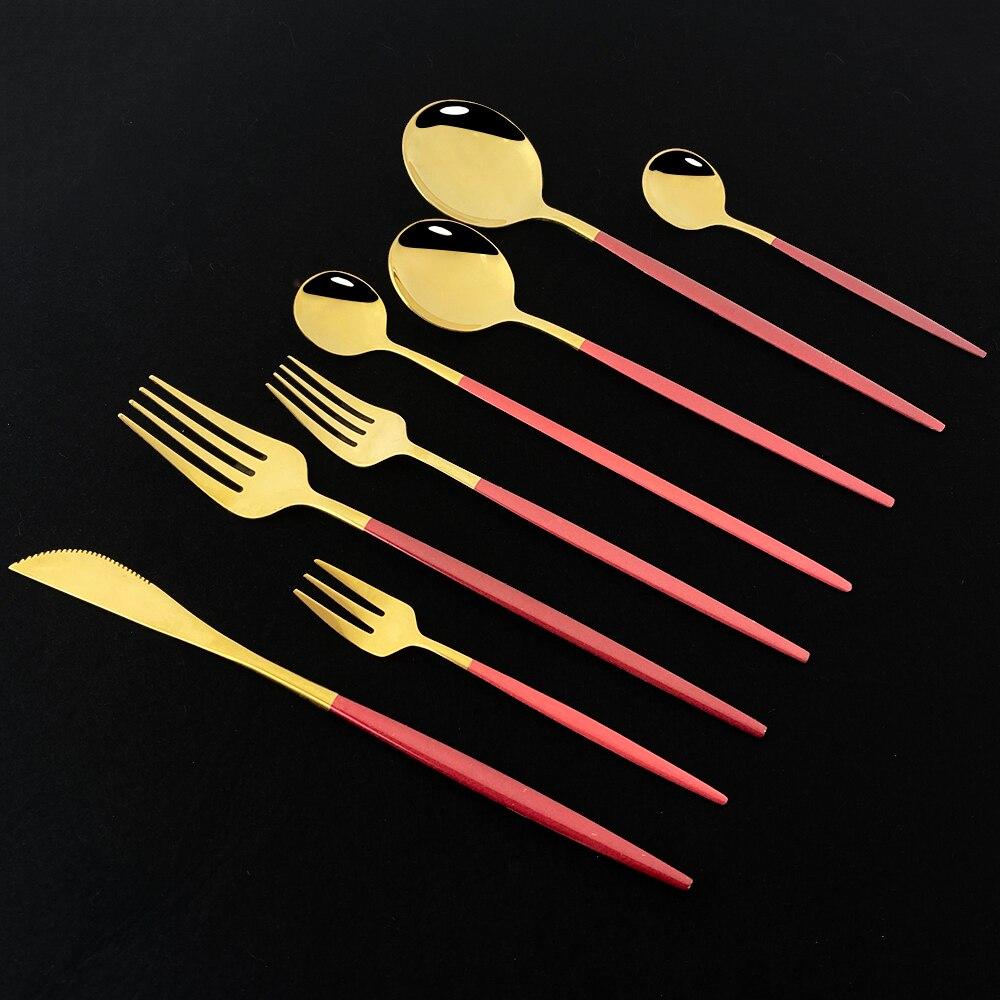 5Pcs Red Gold Cutlery Set Stainless Steel Food Tableware Set Home Steak Knife Fork Coffee Spoon Teaspoon Upscale Dinnerware Set