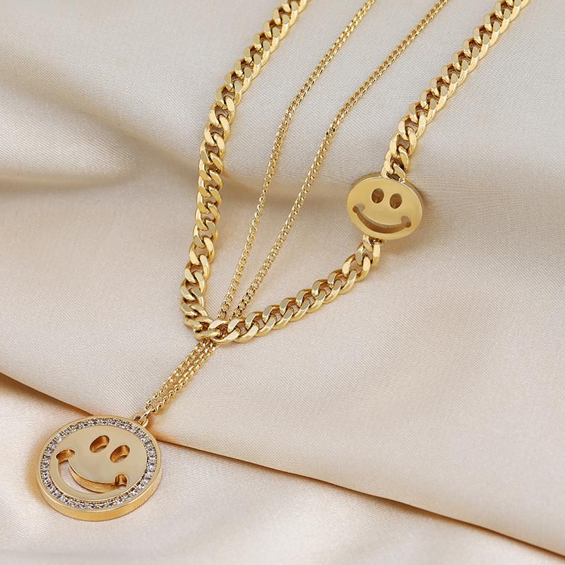 Elegant Layer Double Smiley Face Necklace For Women In Stylish Korean Design Available In Silver And Gold Elegant Titanium Steel