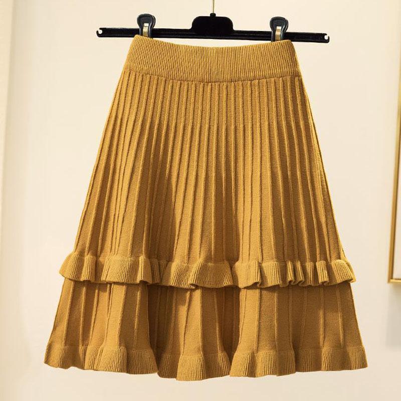 Fusta tricotată Femei Toamnă și Iarnă cu talie înaltă Fusta plisată A-line Volane Culoare pură Talie elastică