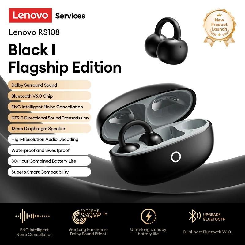Original Lenovo RS108 Open Ear Bluetooth 6.0 Headset Clip On Wireless Earphones HiFi In-Ear Earbuds ENC Noise Canceling Headphones 30H Playtime