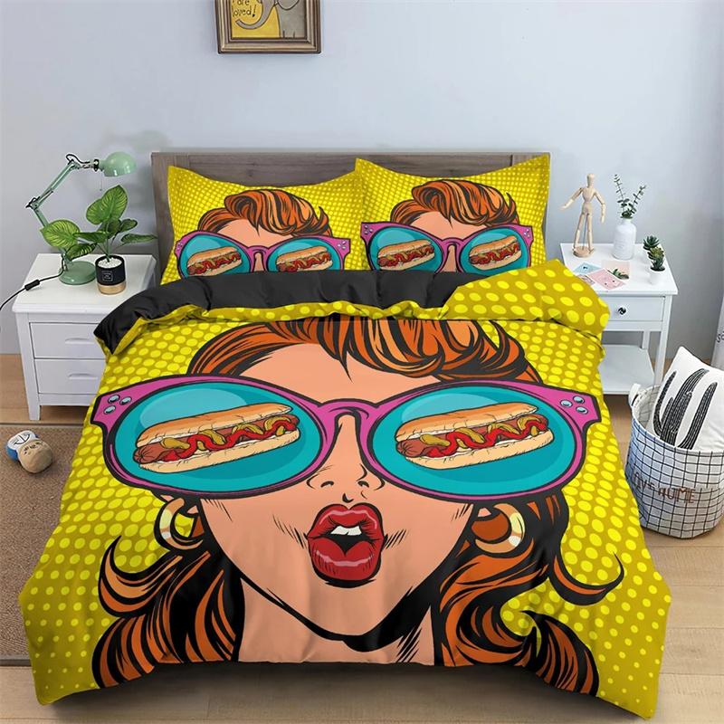 Cartoon Girls Duvet Cover Cute Lipstick Fashion Theme for Women Gifts for Bedroom Decorations with Pillowcase Queen King Size
