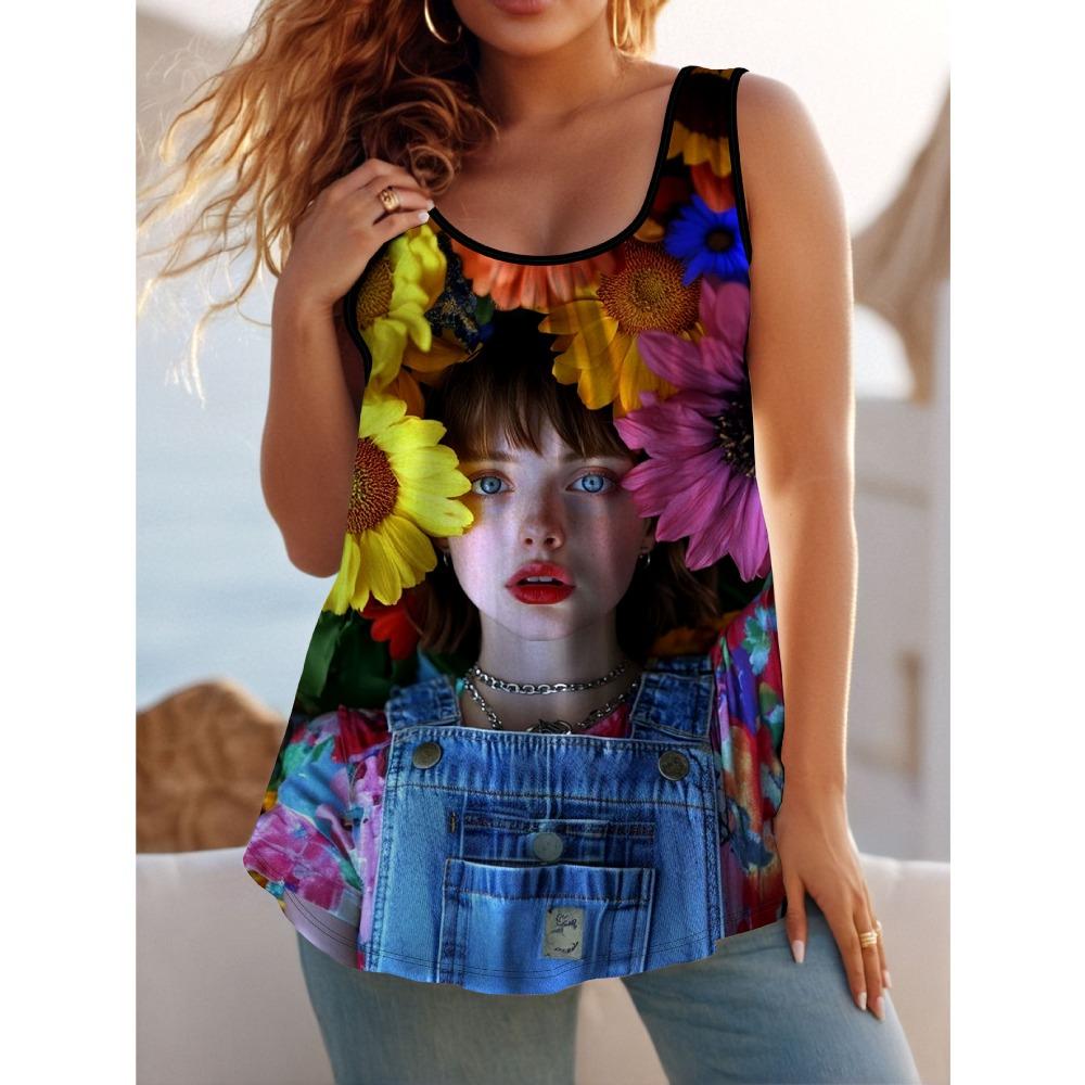 Summer Women's Large Size Colorful Creativity Portrait Flower 3D Printing Vest Loose Fashionable Comfortable Soft Breathable O Neck Sleeveless Vest