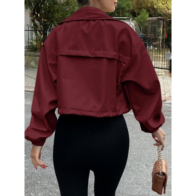 Women's Fashion Casual Solid Color Print Autumn Winter Long Sleeve POLO Neck Jackets  Coats