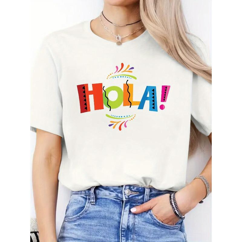 Women's Vibrant "HOLA!" Graphic Tee - Casual Round Neck Short Sleeve Shirt, Lightweight Polyester, Perfect for Spring/Summer Outfits,