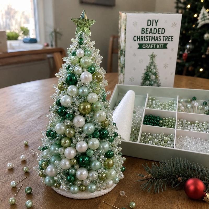 DIY Pearl Bead Christmas Tree Craft Kit 1 Set Mini Lightweight Tabletop Xmas Ornament for Travel Holiday Decor