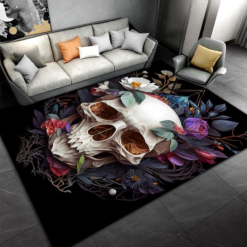 Skull and Floral Pattern Carpet with Dark Elegant Design and Colors Suitable for use as an anti-slip for living room bedroom sofas