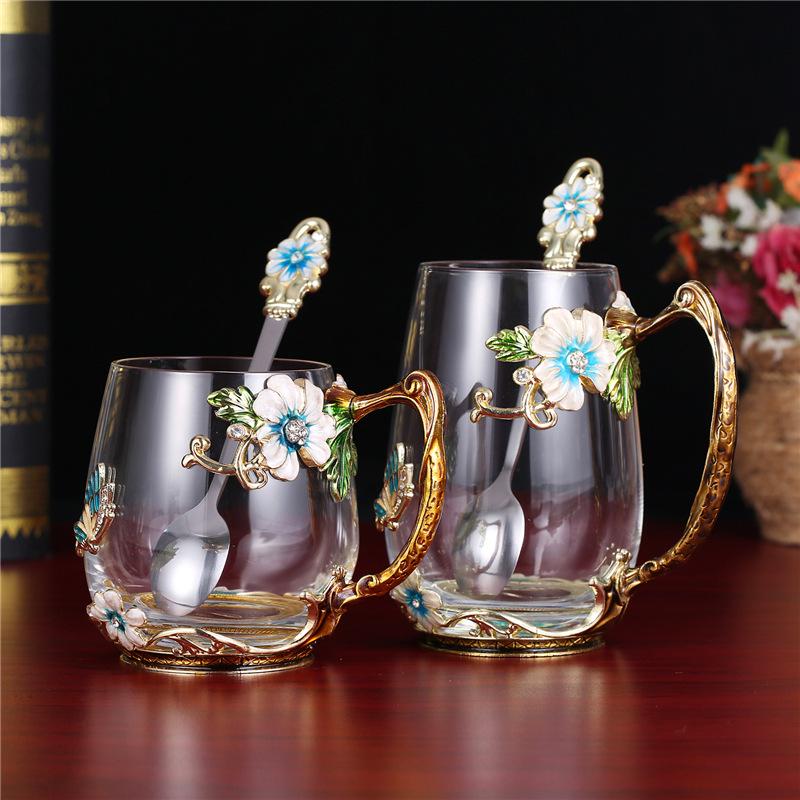 Heat-Resistant Enamel Flower Tea Cup, Creative Painted Crystal Glass Coffee Cup with Handle