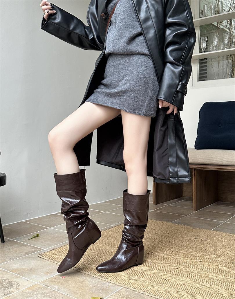 

2025 autumn new thick-soled inner slope heel tall tube thin two wear pleated fashion hot girl but knee boots knight 39 коричневий