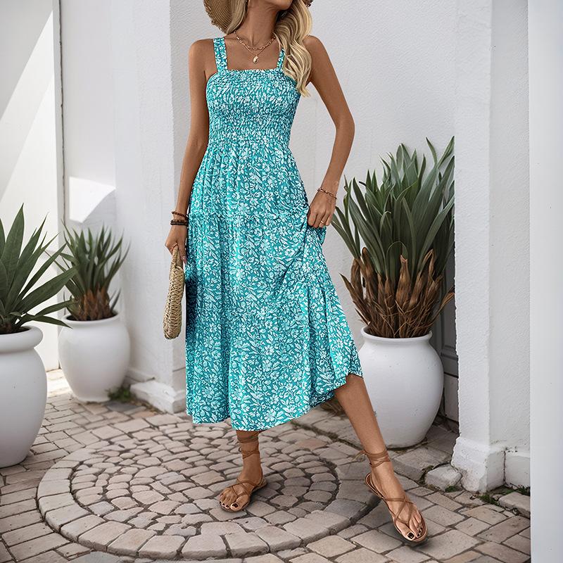 Europe and the United States summer new printing suspender dress hot sale sweet fresh pastoral dress women