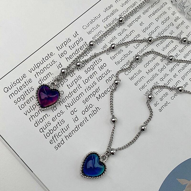 Discoloration Love Pendant Necklace Fashion Women Thermochromic Mood Monitor Heart Pendant Necklaces Stainless Steel Chain Necklaces Jewelry Gift