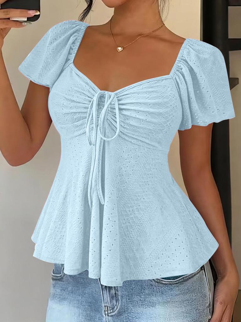 2026 Summer V-neck Drawstring Waist Sexy Short Sleeve Plain T-shirt for Women