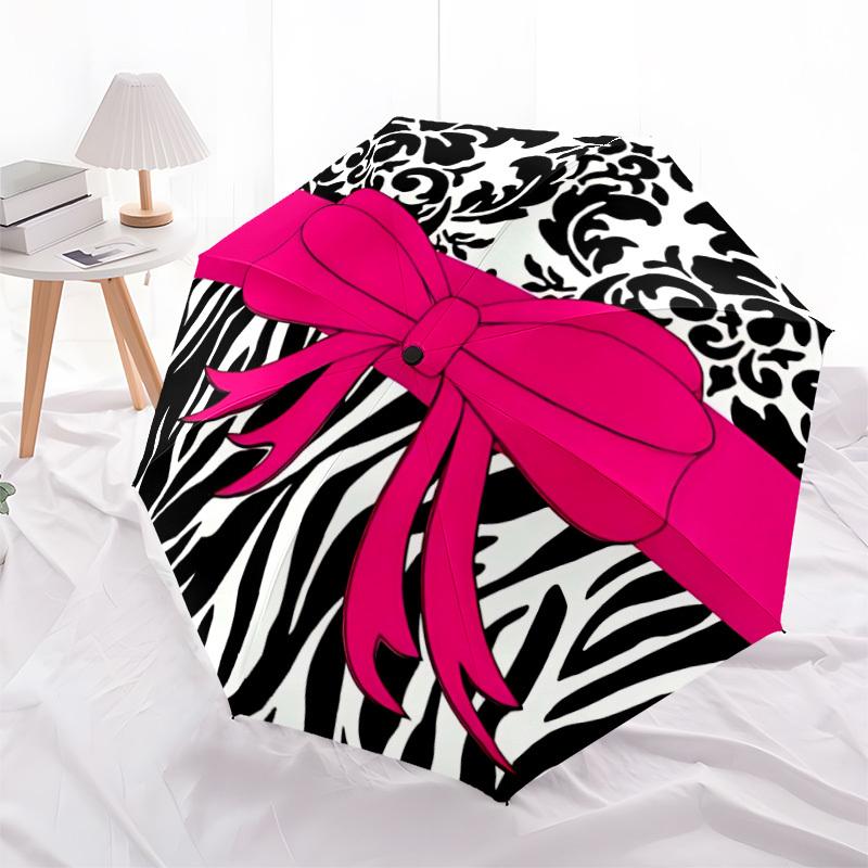 1pc Zebra Print Bow Automatic Folding Umbrella - Portable Collapsible Design, 8-Rib Iron Frame, Durable Fabric Yy251125009