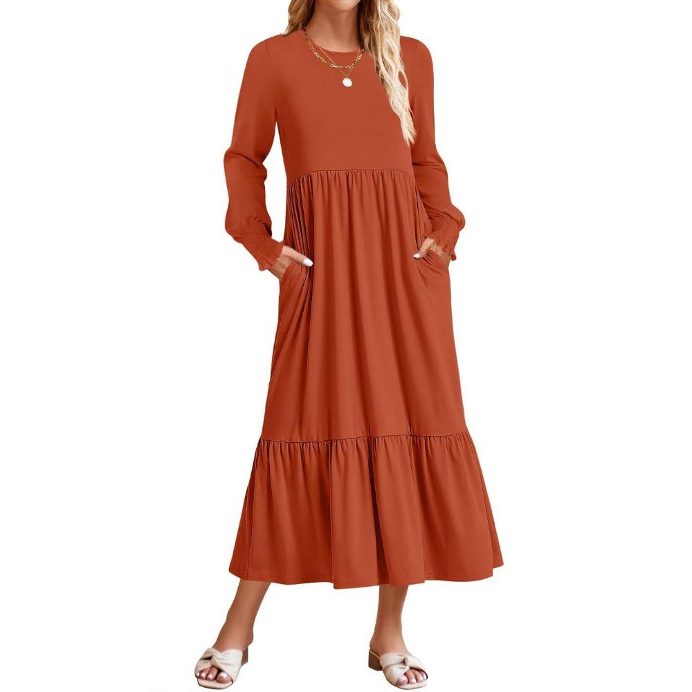 Long-sleeved Smocked Fashionable Casual Dress with Full Skirt
