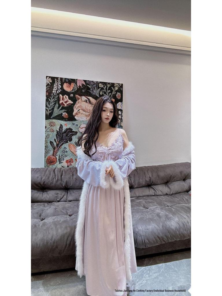 Carat Lover French Fleece-Lined Bathrobe & Camisole Long Dress - Women's Sexy Autumn/Winter Collection