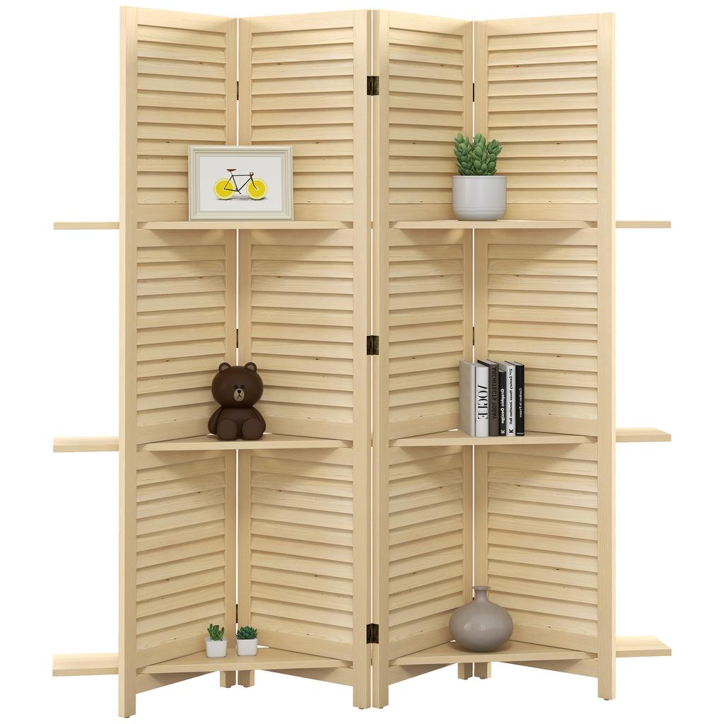 Indoor Room Divider 4 Panels 160L x 170H cm 3 Shelves Foldable Room Separator Louvred Doors Natural
