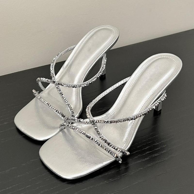 Silver Mules Women's Summer High Heels Slippers Fashionable Sexy Slip-On Shoes Square Toe Elegant High-heeled Sandals Women
