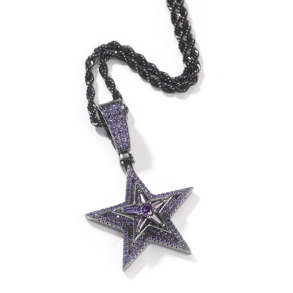 Wind hip-hop diamond-encrusted rotating pentagram pendant necklace explosive trend street