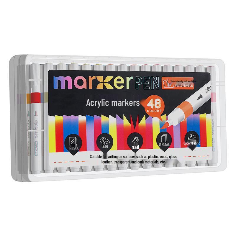 48-Color Washable Acrylic Marker Set with Soft Tips - Non-Bleeding, Stackable for Elementary Art Use