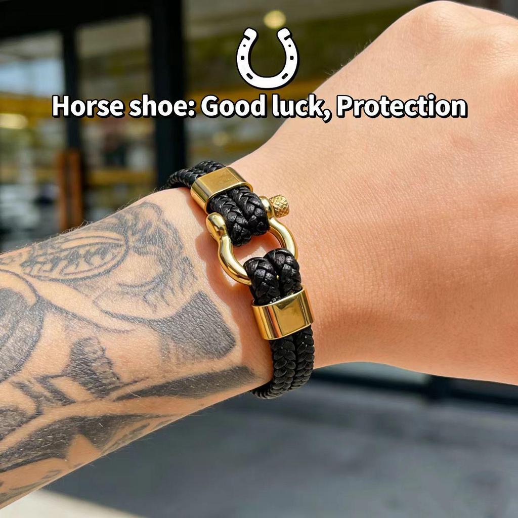 Men's Retro Horseshoe Buckle Leather & Stainless Steel Stackable Bracelet