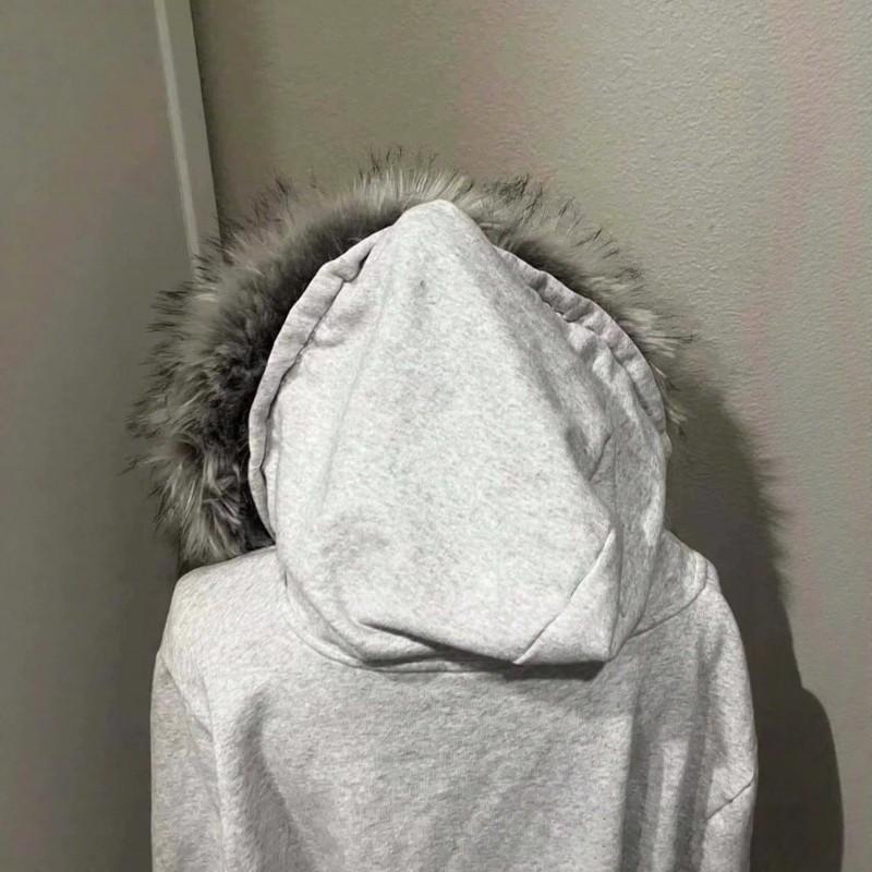 Y2K Streetwear Hooded Zip-Up Cropped Sweatshirt Women With Retro Wing Print Faux Fur Collar