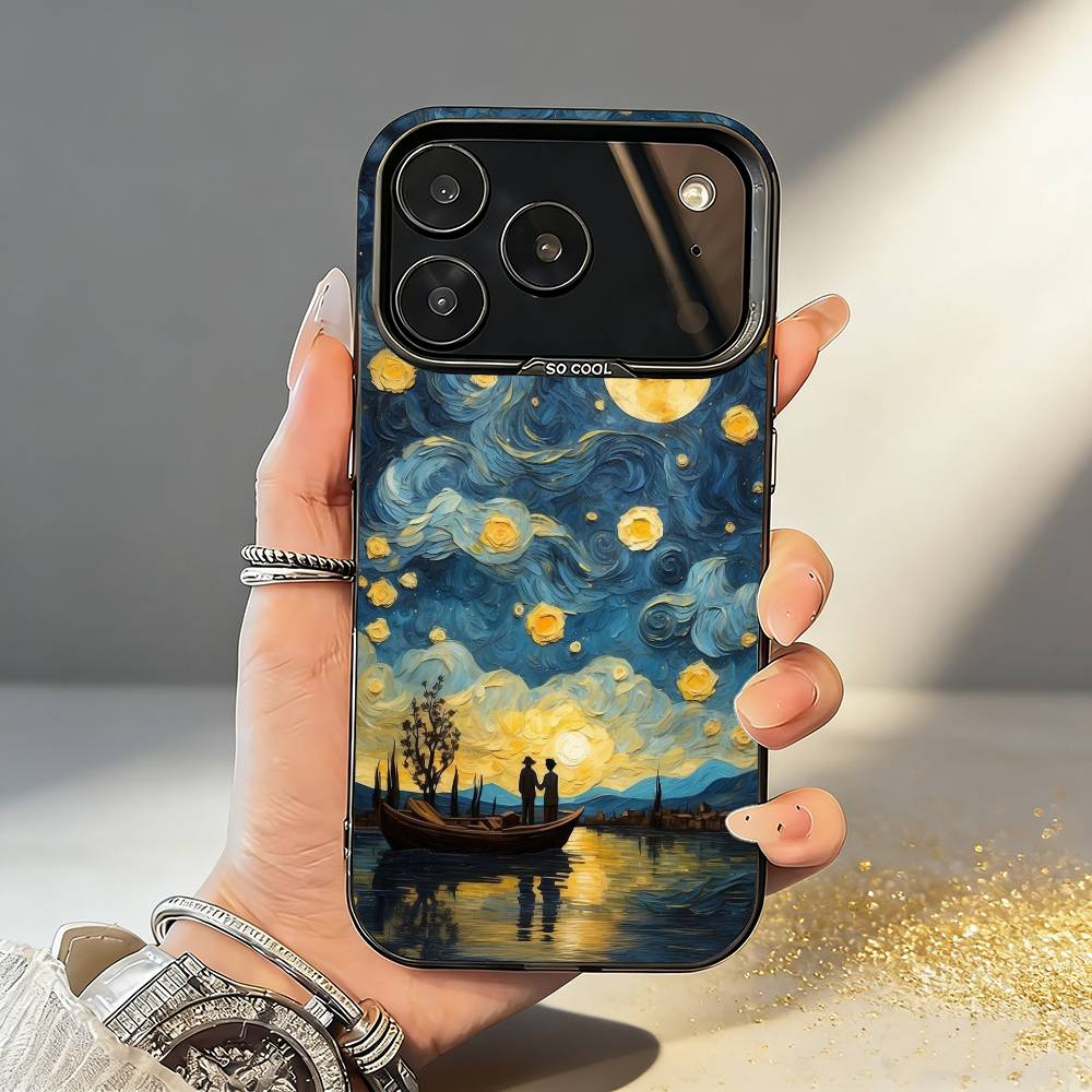 V-Van G-Gogh The Starry Night Phone Case For iPhone17,16,15,14,13,12,11,Pro,MAX Gray Matte Silicone Black Cover