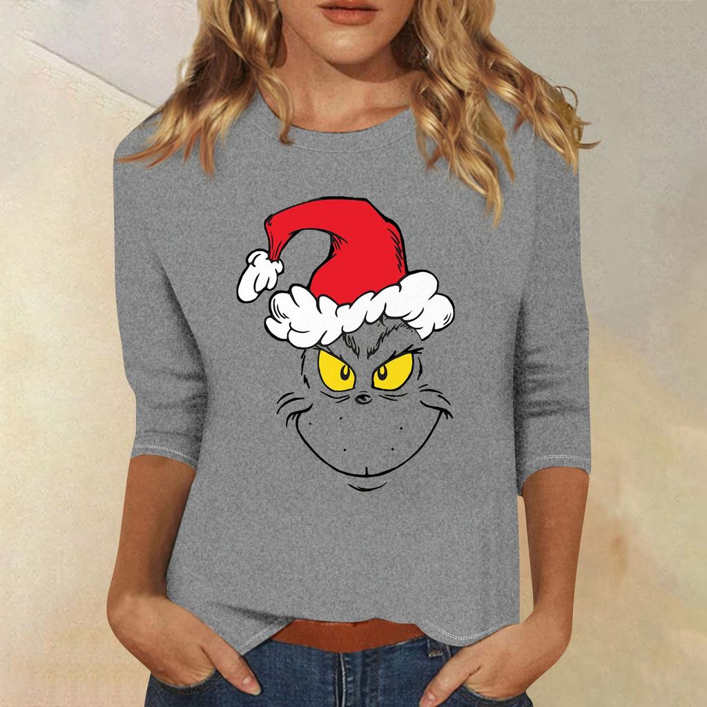 3/4 Sleeve Tops For Women T-Shirt Casual Christmas Print Tops T Shirt Round Neck Pullover Blouse