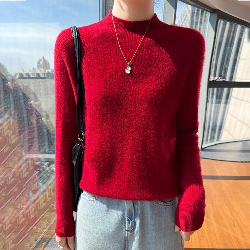 Women's 100% Wool Half-High Collar Cable Knit Pullover Sweater