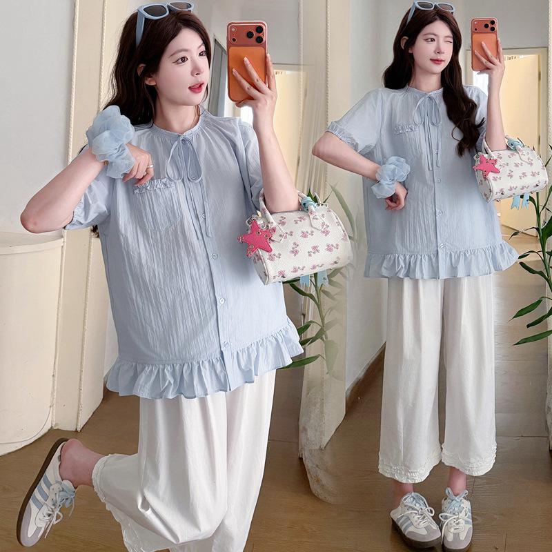 French Summer Ruffle Maternity Top & Lace Pants Set L