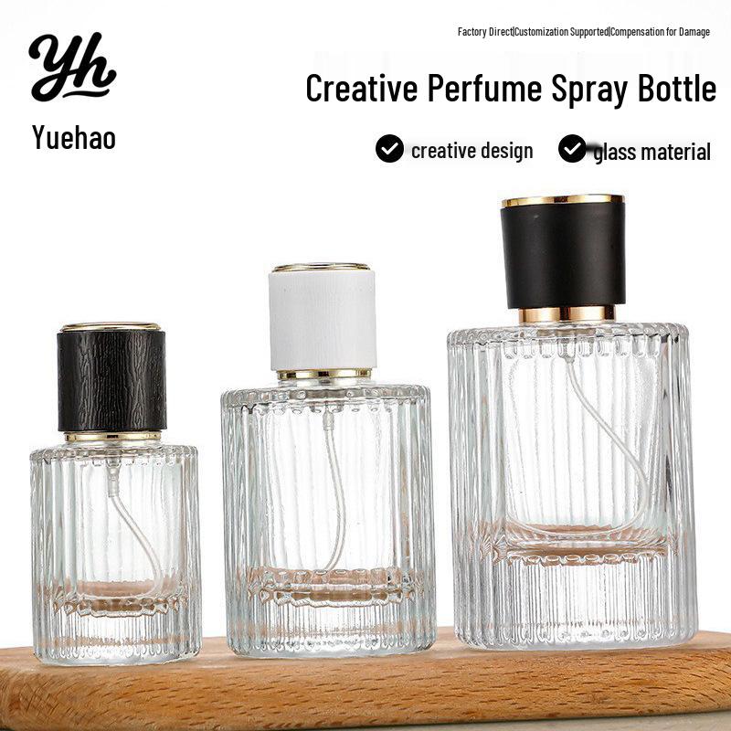 Vertical Stripes Glass Spray Perfume Bottle - 30ml, 50ml, 100ml Refillable Transparent Press-Type 30ml; Platinum + Silver Spray; Glass