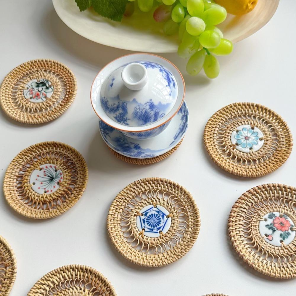 Handmade Vietnamese Rattan Ceramic Coaster Rattan Weaving Drink Cup Mat Teacup Mat  Craft