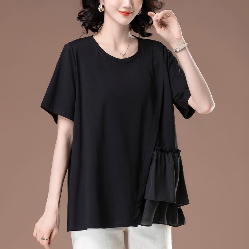 

Женская шифоновая футболка свободного кроя больших размеров - Летняя, стройнящая, однотонная, с коротким рукавом, для мам среднего возраста L чёрный