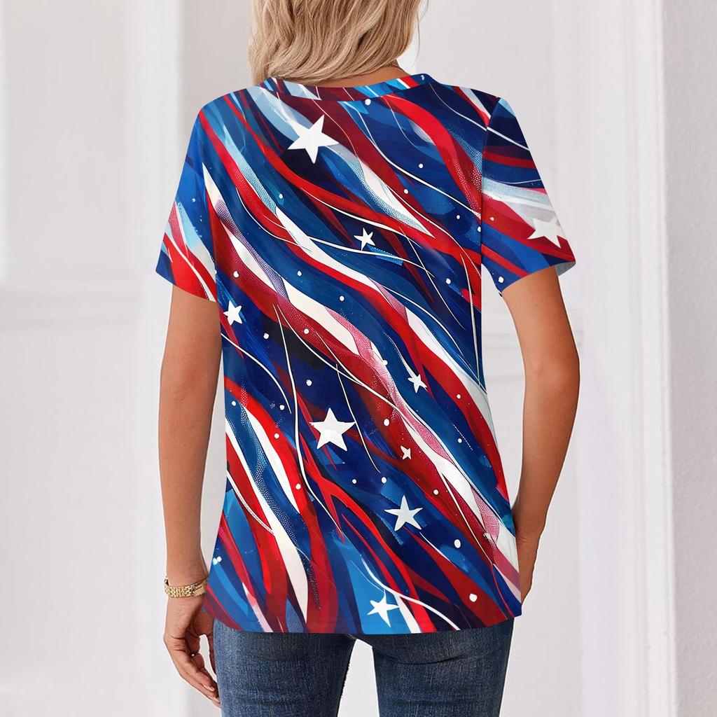 Women's T Shirt Independence Day Print Button Short Sleeve Daily Weekend Fashion Basic V- Neck Regular Top
