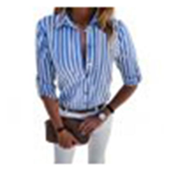 Women Fashion Long Sleeve Turn Down Collar Vertical Stripes Office Shirt Blouse