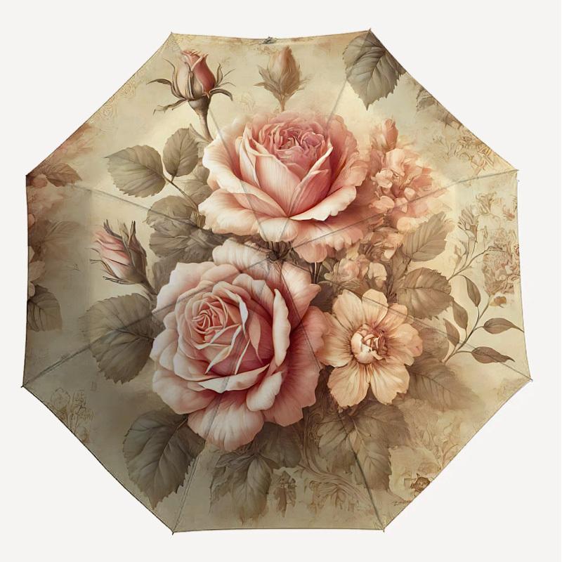 1PC Rose Floral Umbrella-8-Rib Reinforced, Automatic Open, Lightweight & Durable, Cute Fashion Accessory for Outdoor, Beach, or Casual Use, Beach Umbr