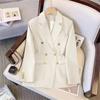 Women's Double Breasted Blazer Lapel Collar Long Sleeve Suit Jacket Solid Color Casual Loose Fit