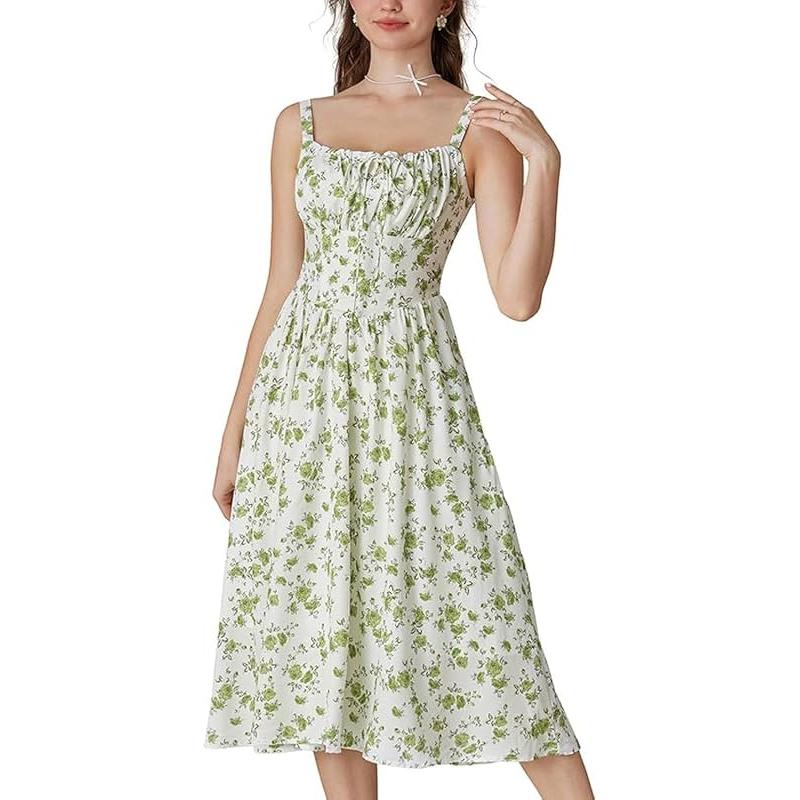 

Червона Темрява Сукня-Корсет з Квітковим Принтом Рушкована в Грудях Сукня-Топ Повітряна Літня Сукня XXL зелений