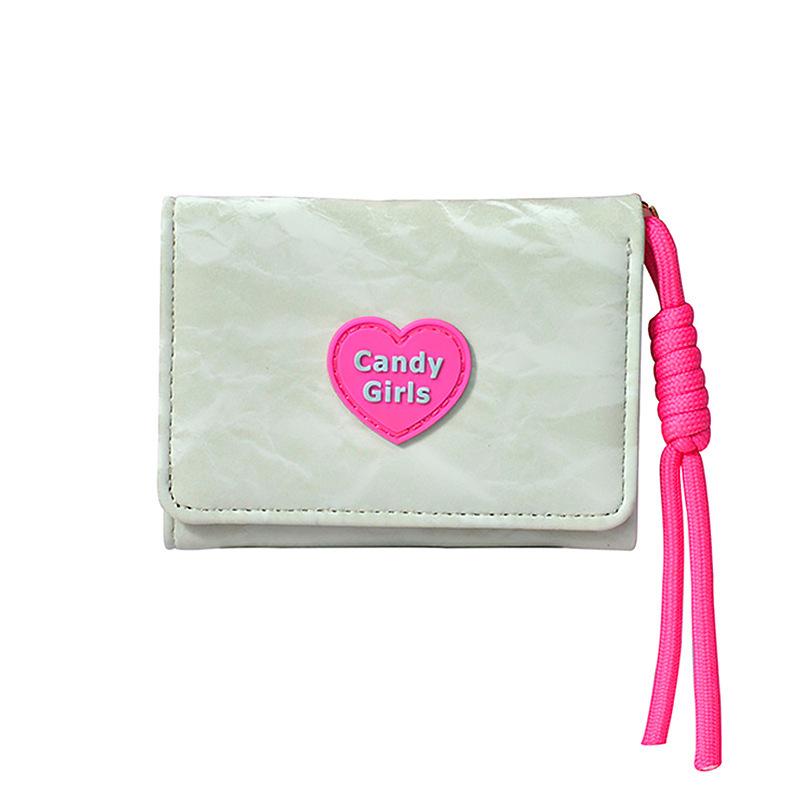 Korean Style Heart Candy Lanyard Wallet for Women - Simple Tri-fold Student Wallet