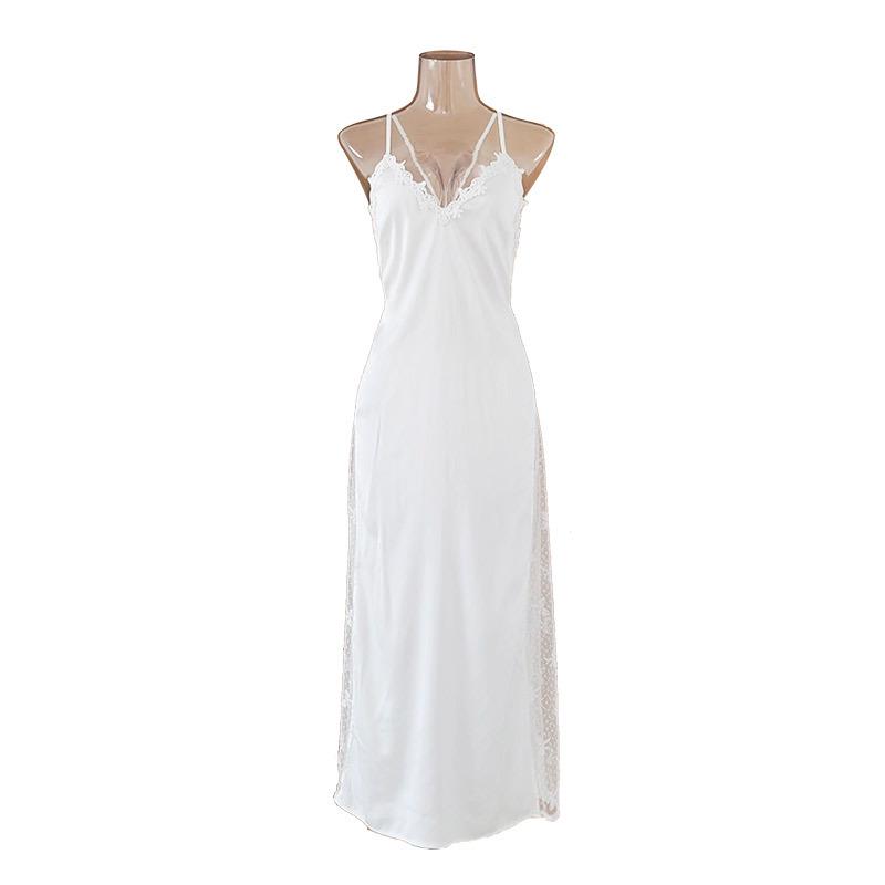 French-Style Backless Nightgown with Built-In Bra, Deep V-Neck, Spaghetti Straps, High Slit, and Mesh - Pure, Alluring, Sexy.