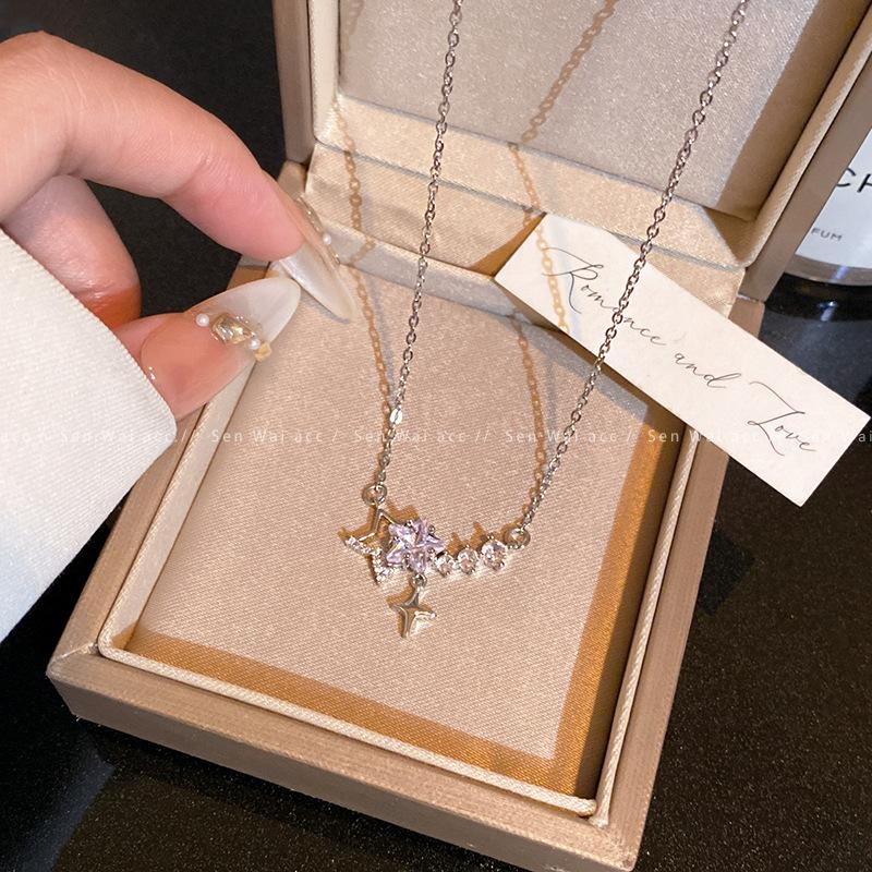 Super Shining Zircon Star Necklace Women s Light Luxury Niche Temperament Silver Clavicle Chain Korean