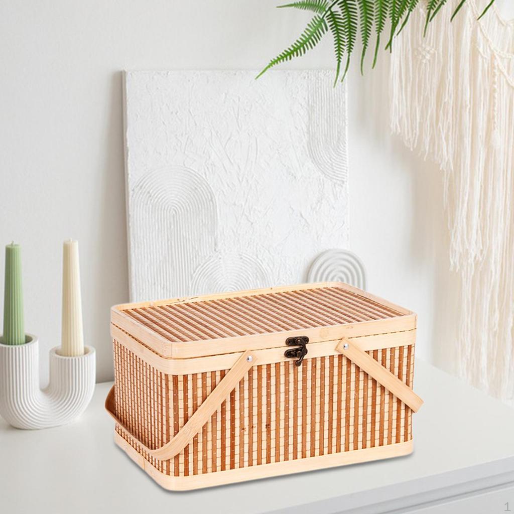 Bamboo Basket Woven Picnic Egg Storage Holder Sturdy Portable with Lid and Handle for Bread