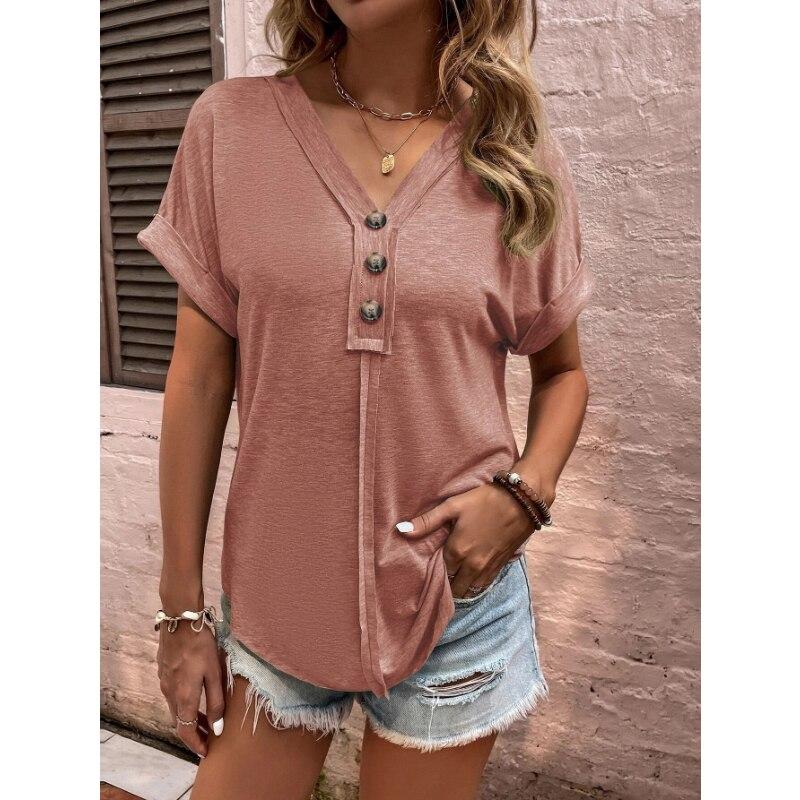 2023 Spring Casual Tee Summer Top Fashion Women Loose T-Shirt Office Ladies Solid Button Loose Short Sleeve Shirt Elegant 26252