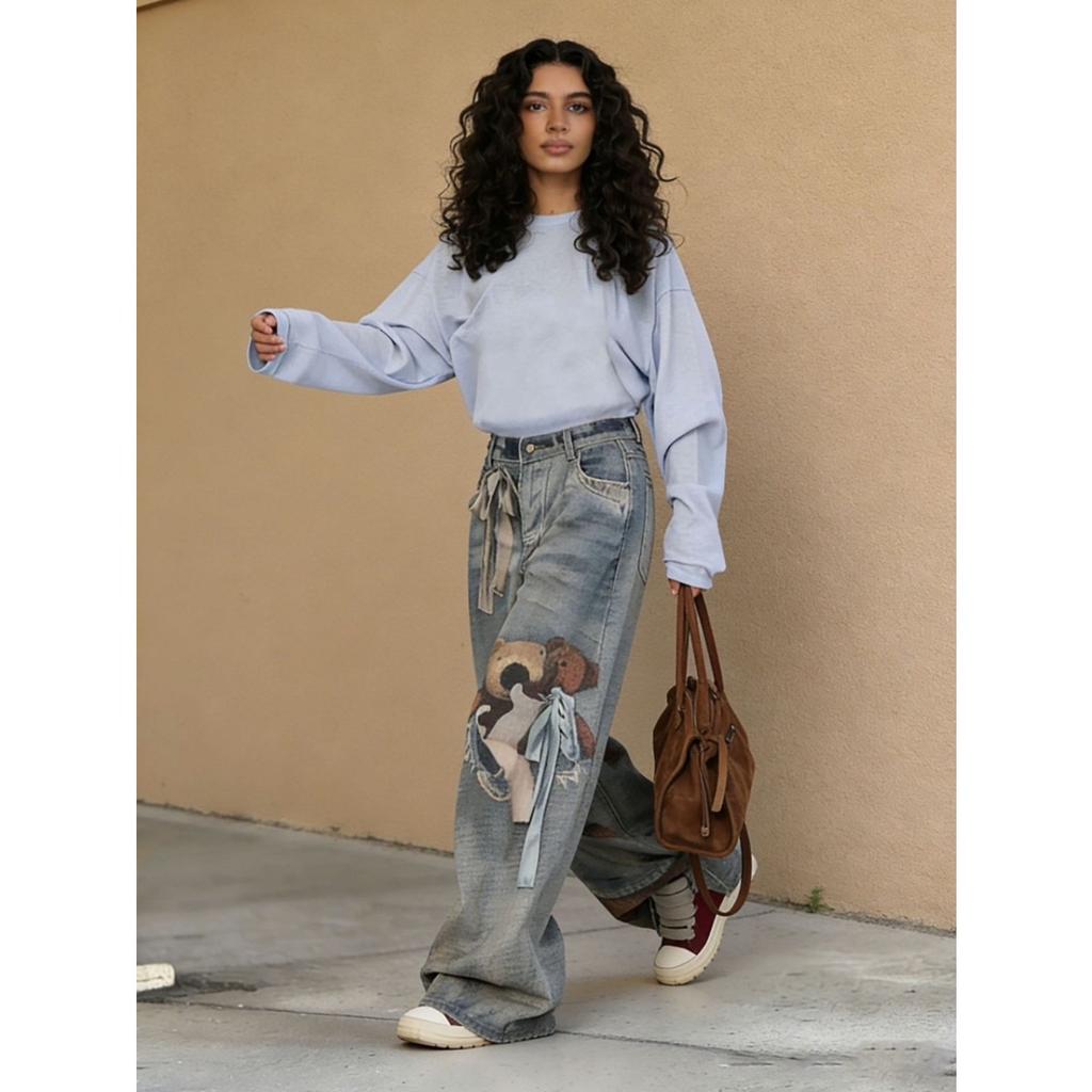 VIONA European and American Style Loose Teddy Bear Bow 3D Wrong View Printed Jeans for Women Spring New