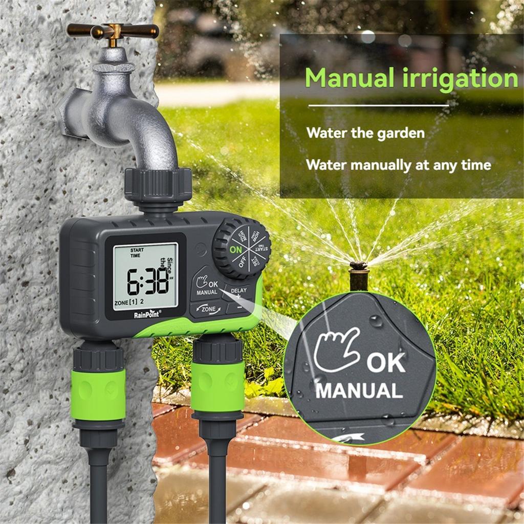 Garden Water Timer Dual Irrigation, Intelligent Timing Controller, Automatic Watering Device with Rain Delay