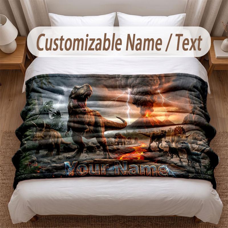 Dinosaur Theme Soft Blanket Personalized Custom Name Text Print Warm Blanket Home Sofa Bedroom Decor