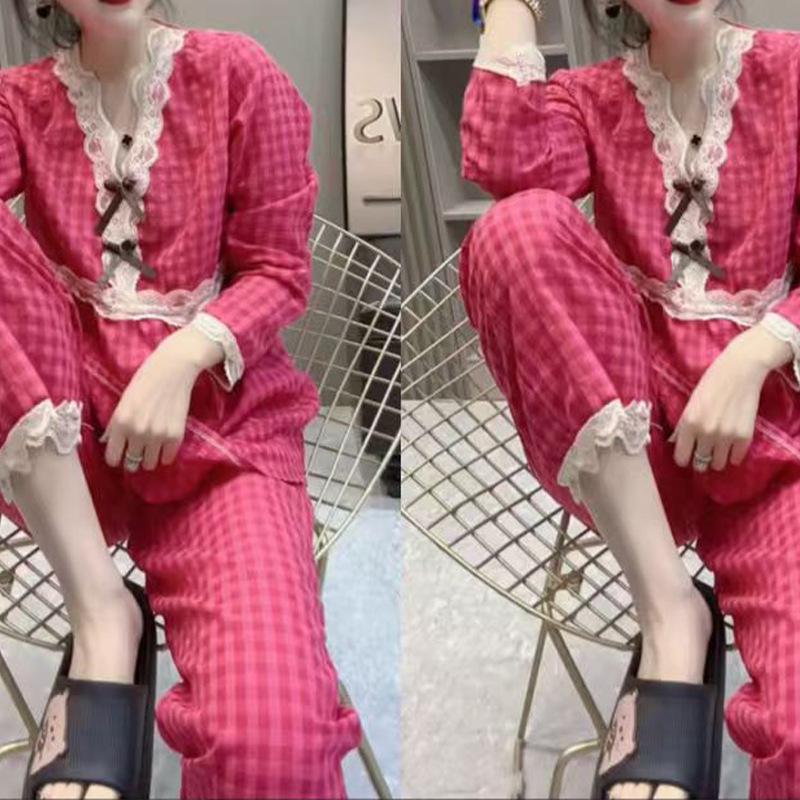 Baumwollpyjama mit Spitzenbesatz für Damen - Frühling, Herbst, Winter Kollektion