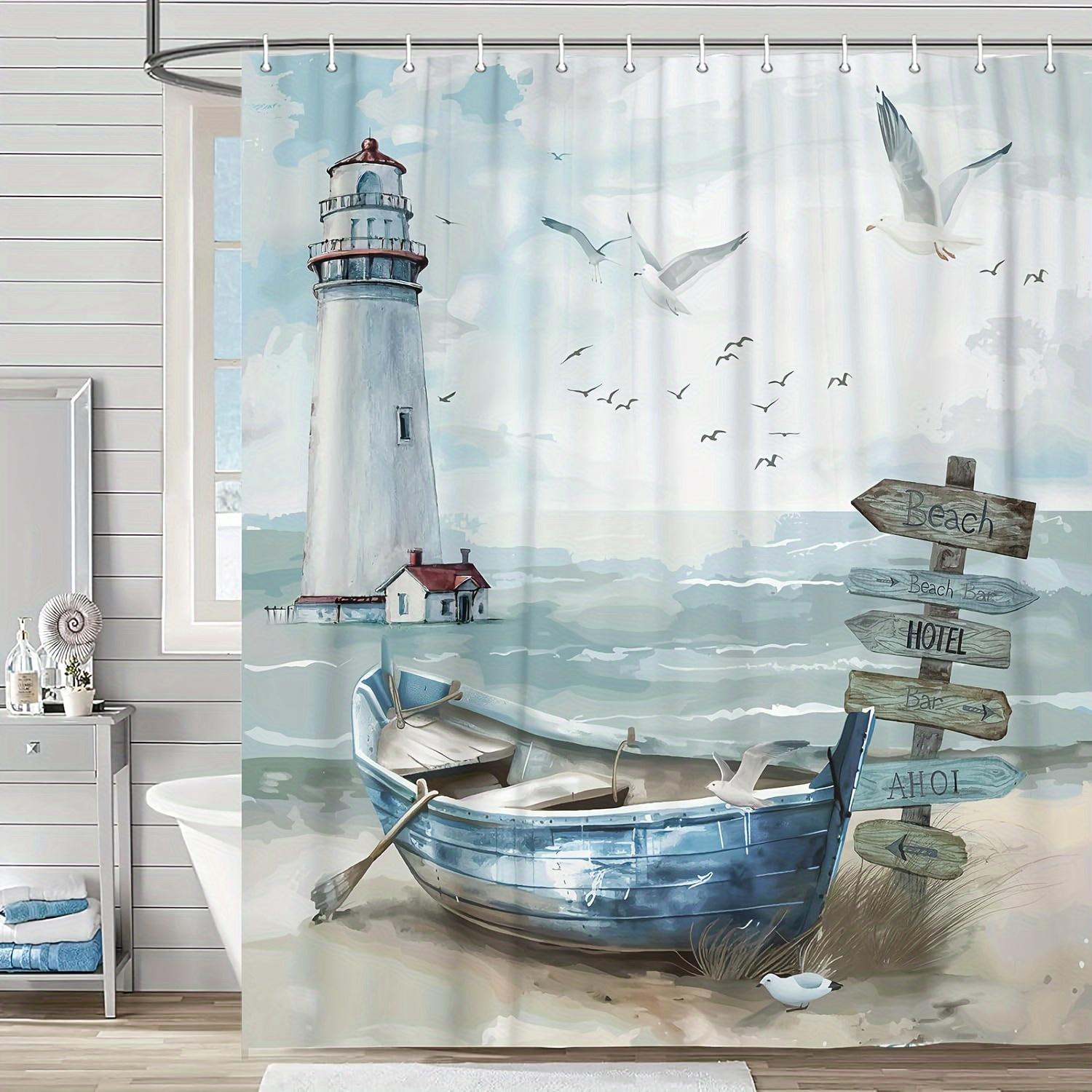 Home&Kitchen Accessories Blue Nautical Coastal Shower Curtain, Ocean Lighthouse & Sailboat Design, Teal Decor With Hooks, Bathroom & Window Use